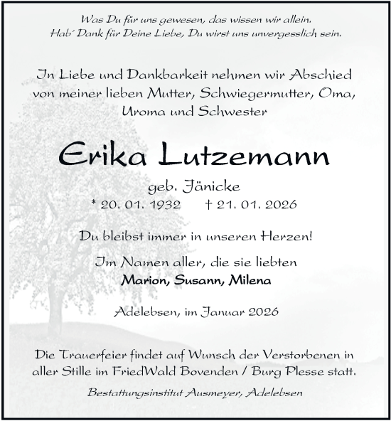 Traueranzeige von Erika Lutzemann von Thüringer Allgemeine