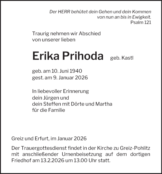 Traueranzeige von Erika Prihoda von Ostthüringer Zeitung