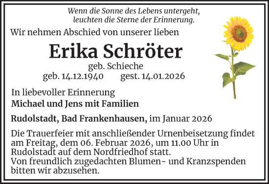 Traueranzeige von Erika Schröter von Ostthüringer Zeitung