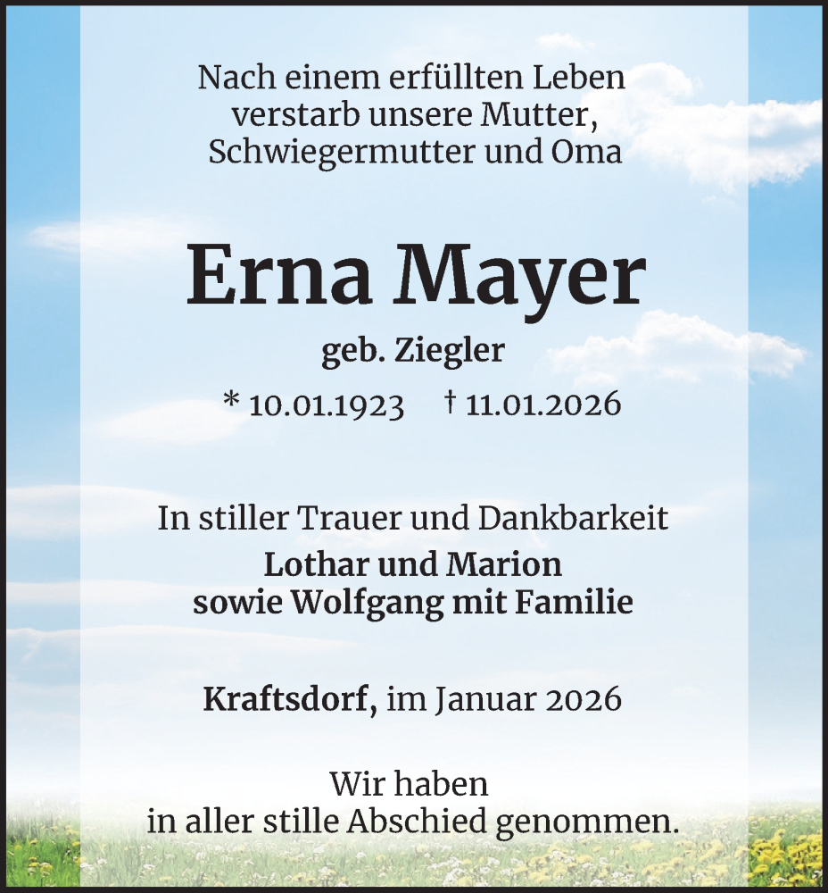  Traueranzeige für Erna Mayer vom 24.01.2026 aus Ostthüringer Zeitung