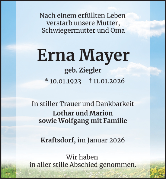 Traueranzeige von Erna Mayer von Ostthüringer Zeitung