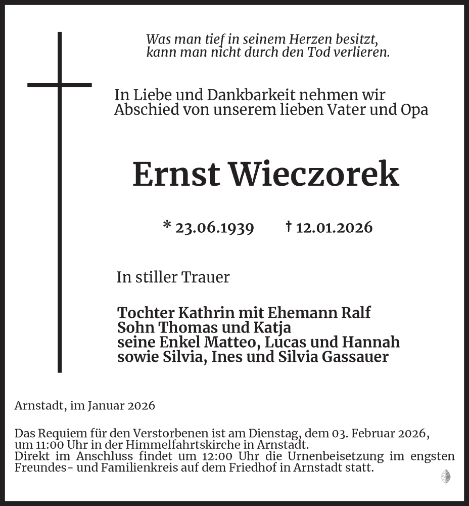  Traueranzeige für Ernst Wieczorek vom 24.01.2026 aus Thüringer Allgemeine