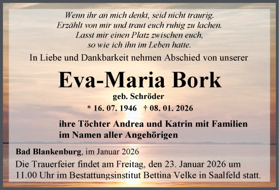 Traueranzeige von Eva-Maria Bork von Ostthüringer Zeitung