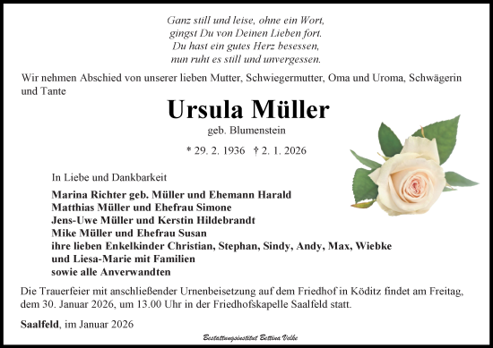 Traueranzeige von Ursula Müller von Ostthüringer Zeitung