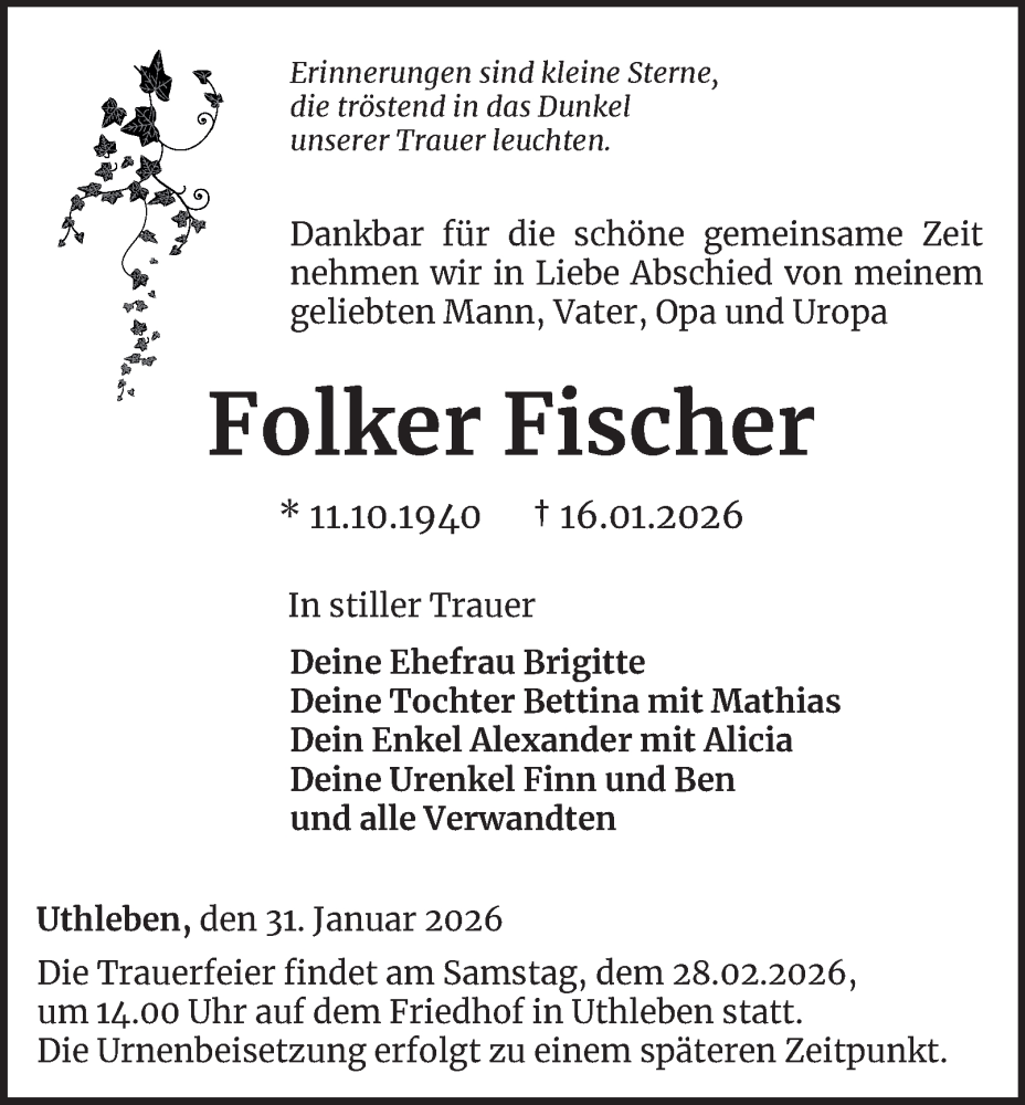  Traueranzeige für Folker Fischer vom 31.01.2026 aus Thüringer Allgemeine