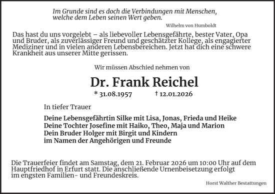 Traueranzeige von Frank Reichel von Thüringer Allgemeine, Thüringische Landeszeitung