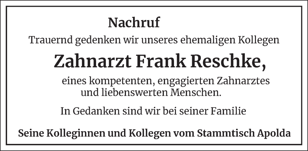  Traueranzeige für Frank Reschke vom 17.01.2026 aus Thüringer Allgemeine, Thüringische Landeszeitung