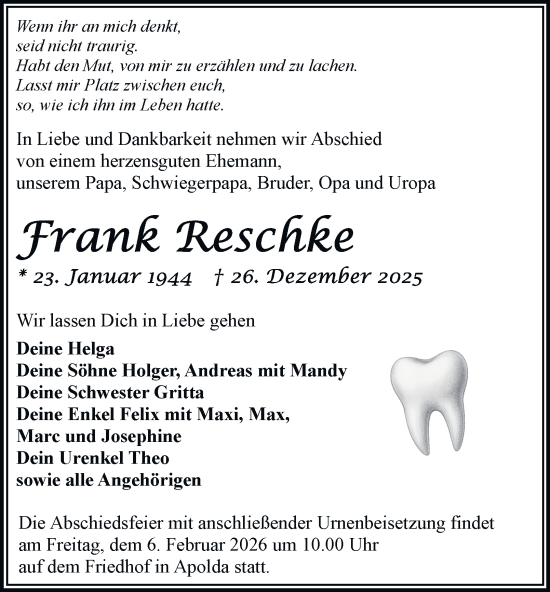 Traueranzeige von Frank Reschke von Thüringer Allgemeine, Thüringische Landeszeitung