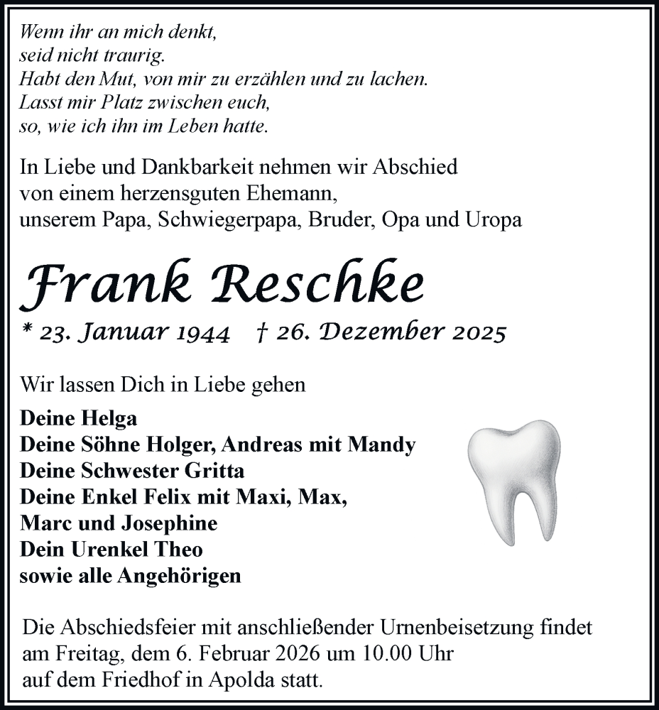  Traueranzeige für Frank Reschke vom 24.01.2026 aus Thüringer Allgemeine, Thüringische Landeszeitung