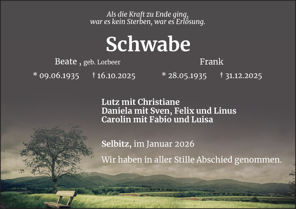  Traueranzeige für Frank Schwabe vom 09.01.2026 aus Ostthüringer Zeitung