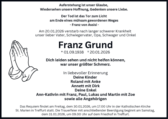 Traueranzeige von Franz Grund von Thüringer Allgemeine, Thüringische Landeszeitung
