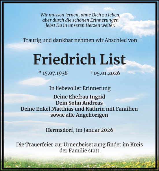 Traueranzeige von Friedrich List von Ostthüringer Zeitung