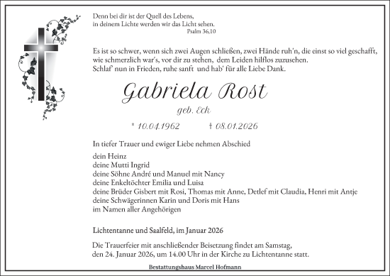 Traueranzeige von Gabriela Rost von Ostthüringer Zeitung