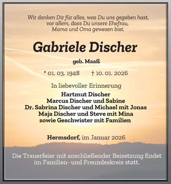 Traueranzeige von Gabriele Discher von Ostthüringer Zeitung