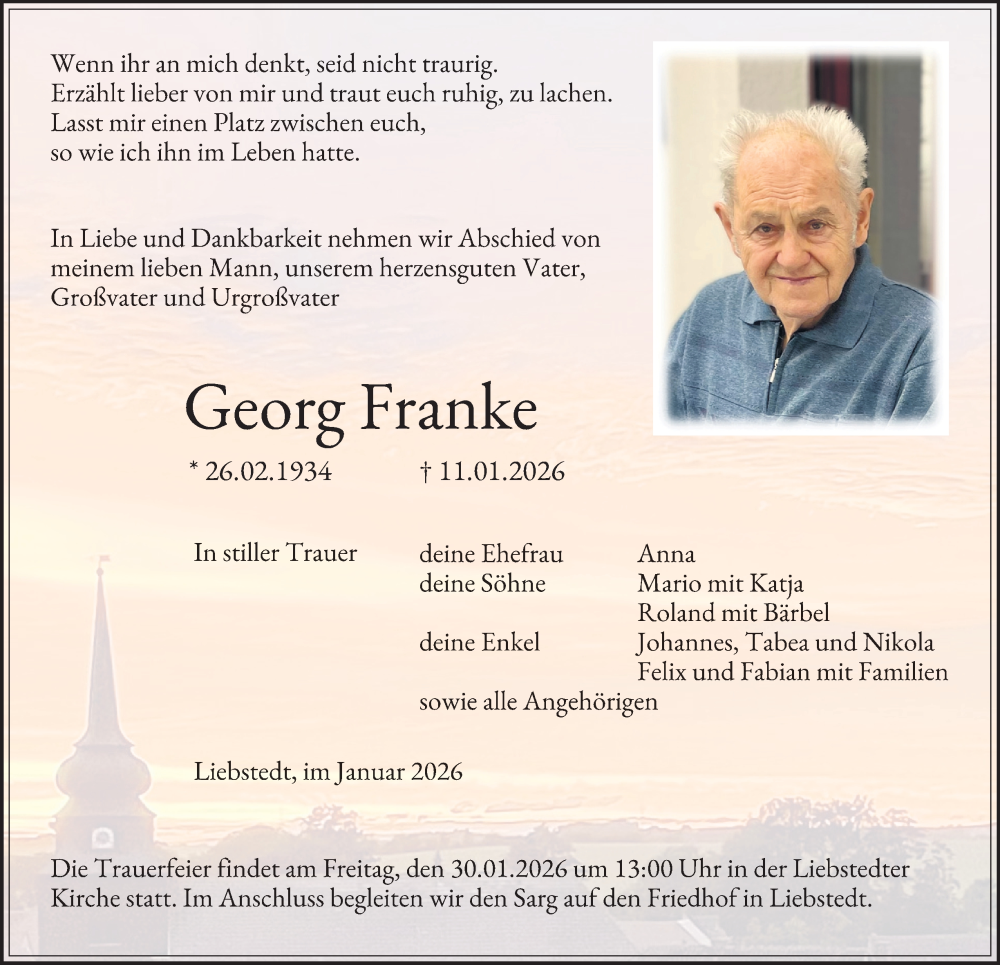  Traueranzeige für Georg Franke vom 24.01.2026 aus Thüringer Allgemeine, Thüringische Landeszeitung