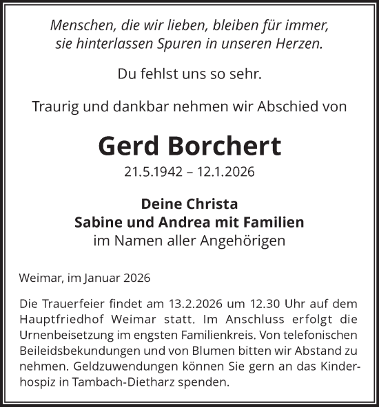 Traueranzeige von Gerd Borchert von Thüringer Allgemeine, Thüringische Landeszeitung