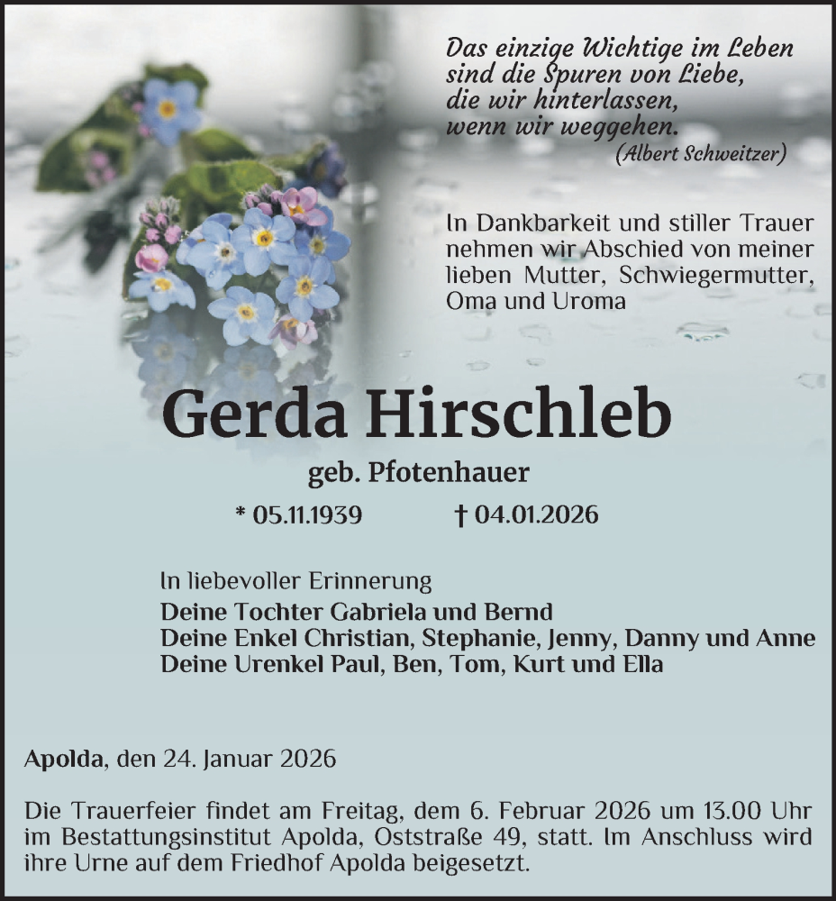  Traueranzeige für Gerda Hirschleb vom 24.01.2026 aus Thüringer Allgemeine, Thüringische Landeszeitung