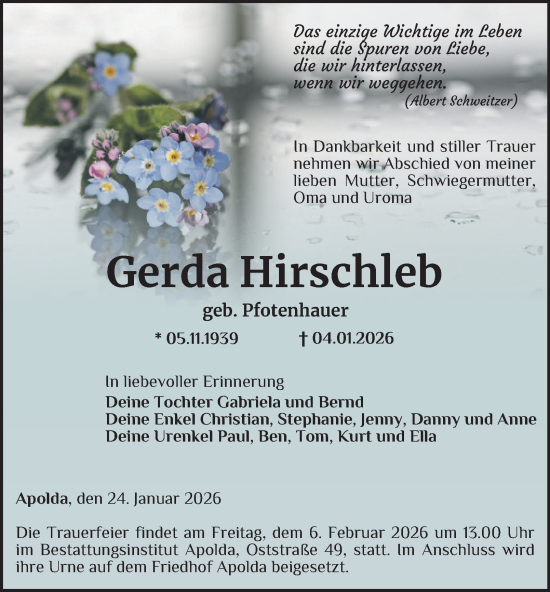 Traueranzeige von Gerda Hirschleb von Thüringer Allgemeine, Thüringische Landeszeitung