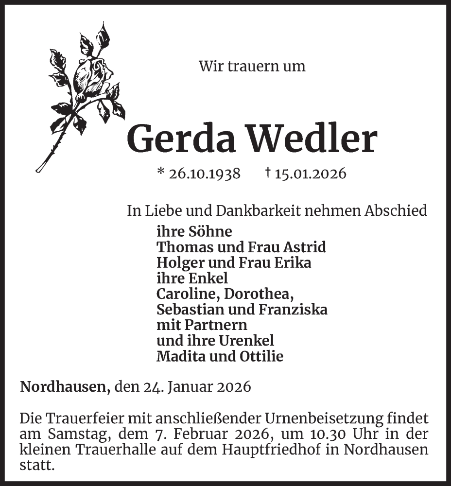  Traueranzeige für Gerda Wedler vom 24.01.2026 aus Thüringer Allgemeine