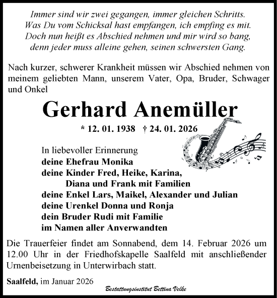 Traueranzeige von Gerhard Anemüller von Ostthüringer Zeitung