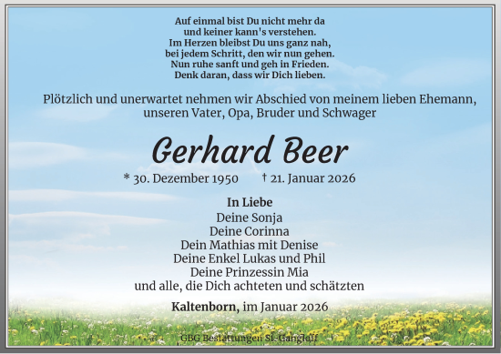 Traueranzeige von Gerhard Beer von Ostthüringer Zeitung