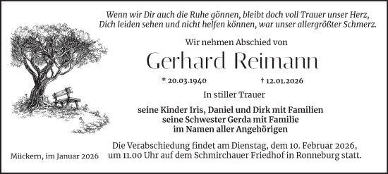 Traueranzeige von Gerhard Reimann von Ostthüringer Zeitung