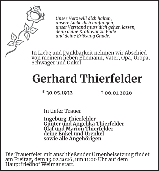 Traueranzeige von Gerhard Thierfelder von Thüringer Allgemeine, Thüringische Landeszeitung