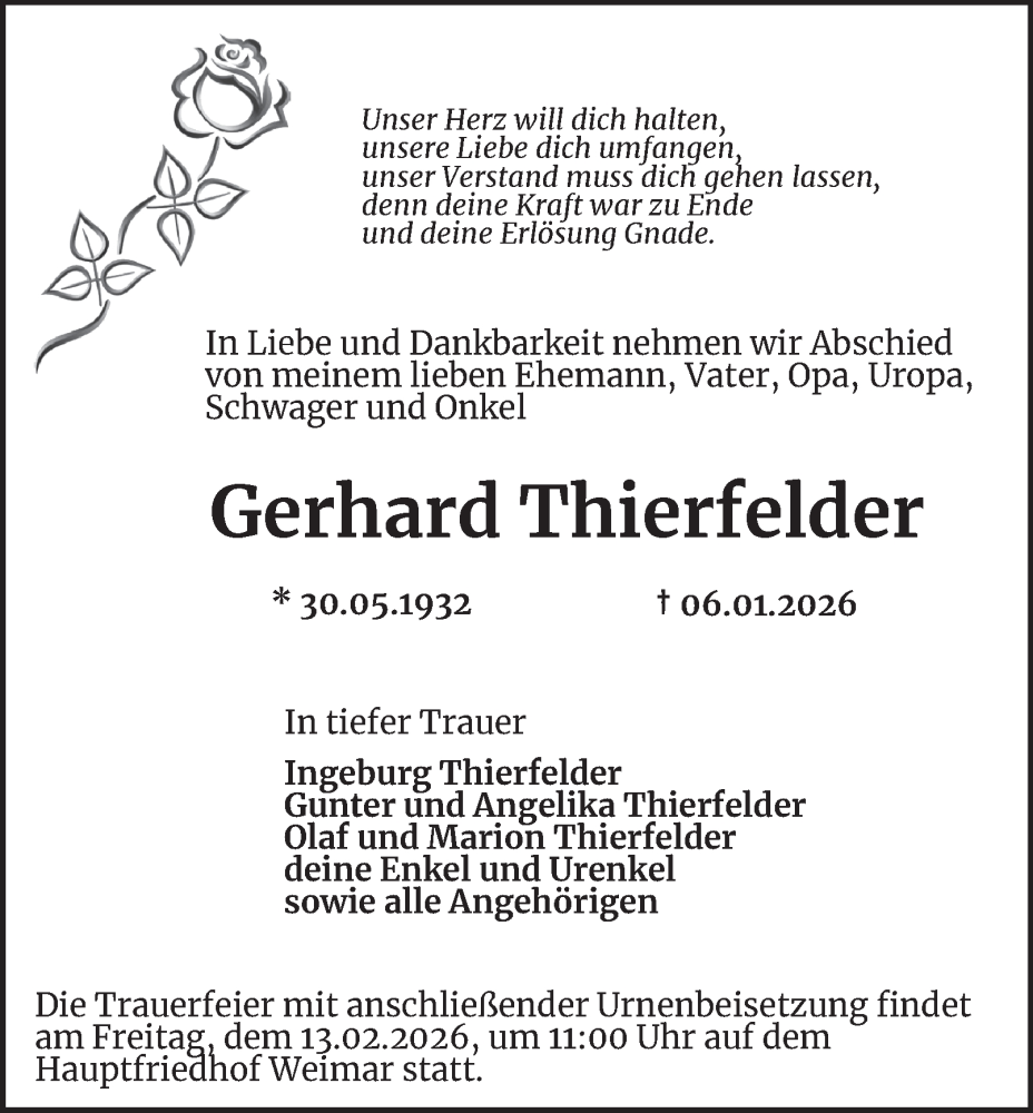  Traueranzeige für Gerhard Thierfelder vom 31.01.2026 aus Thüringer Allgemeine, Thüringische Landeszeitung