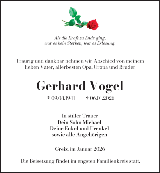 Traueranzeige von Gerhard Vogel von Ostthüringer Zeitung