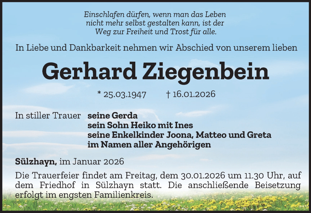 Traueranzeige für Gerhard Ziegenbein vom 24.01.2026 aus Thüringer Allgemeine