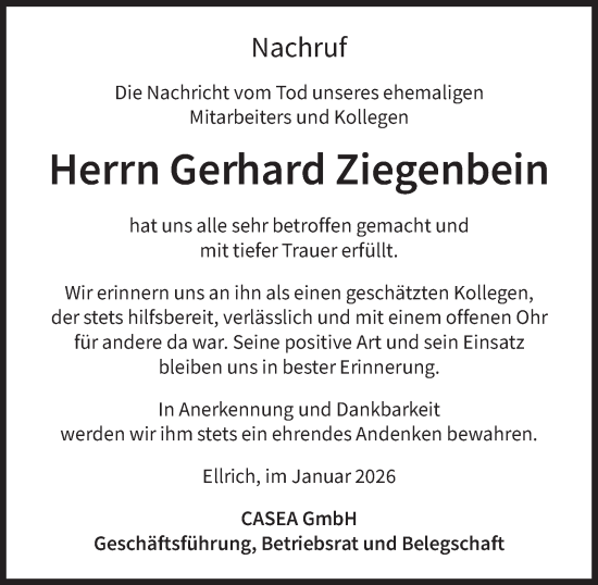 Traueranzeige von Gerhard Ziegenbein von Thüringer Allgemeine