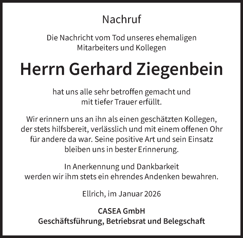  Traueranzeige für Gerhard Ziegenbein vom 31.01.2026 aus Thüringer Allgemeine