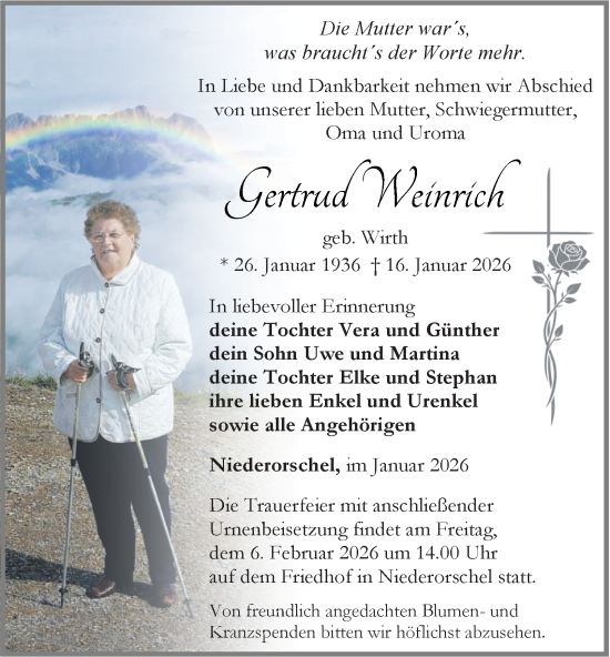 Traueranzeige von Gertrud Weinrich von Thüringer Allgemeine