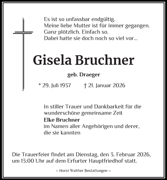 Traueranzeige von Gisela Bruchner von Thüringer Allgemeine, Thüringische Landeszeitung