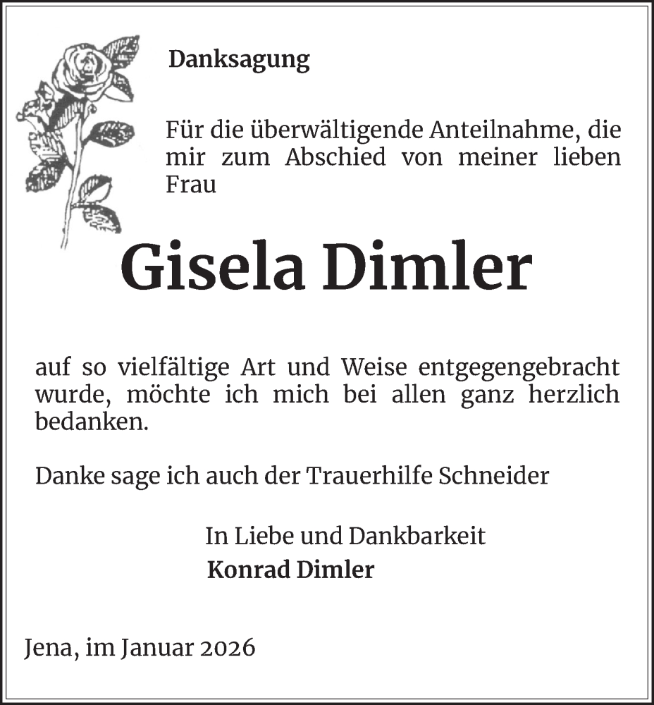  Traueranzeige für Gisela Dimler vom 31.01.2026 aus Ostthüringer Zeitung, Thüringische Landeszeitung