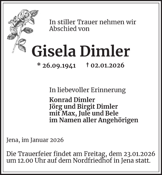 Traueranzeige von Gisela Dimler von Ostthüringer Zeitung, Thüringische Landeszeitung