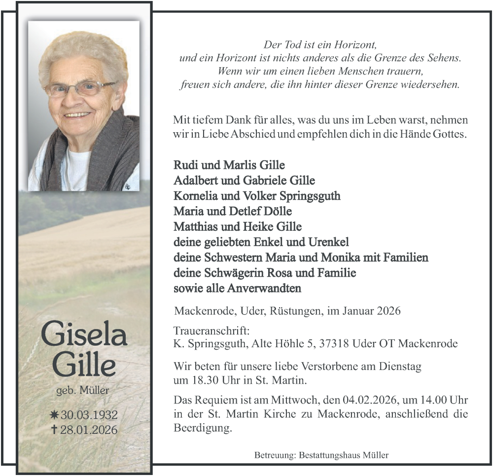  Traueranzeige für Gisela Gille vom 31.01.2026 aus Thüringer Allgemeine