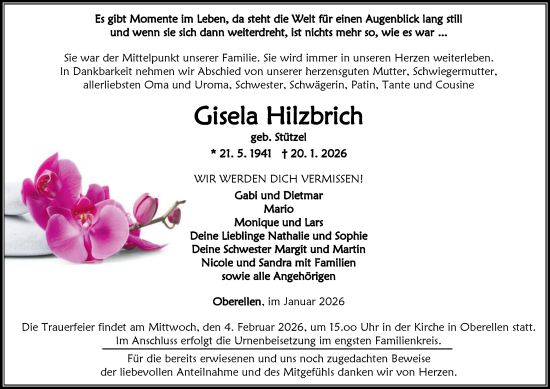 Traueranzeige von Gisela Hilzbrich von Thüringer Allgemeine, Thüringische Landeszeitung