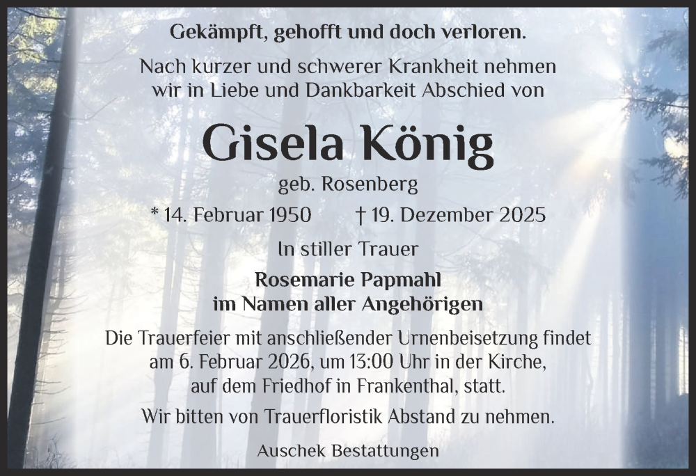  Traueranzeige für Gisela König vom 23.01.2026 aus Ostthüringer Zeitung