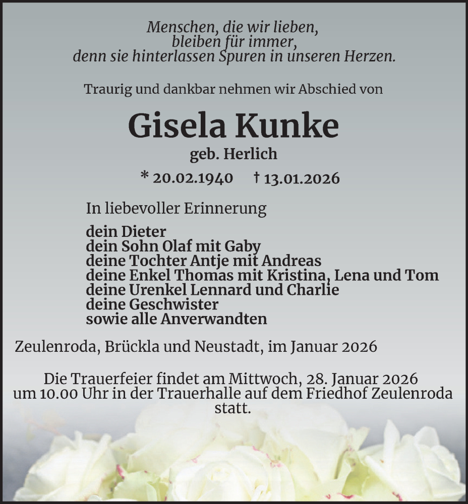  Traueranzeige für Gisela Kunke vom 24.01.2026 aus Ostthüringer Zeitung