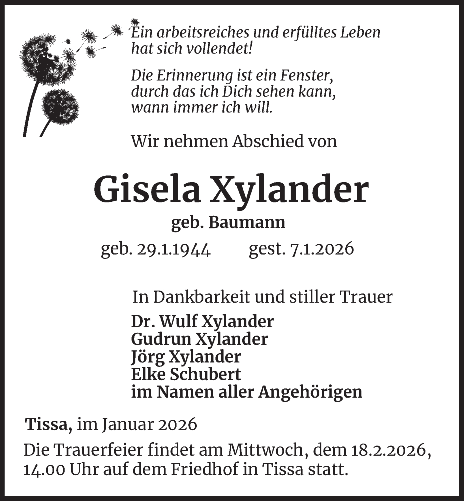  Traueranzeige für Gisela Xylander vom 24.01.2026 aus Ostthüringer Zeitung