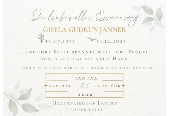 Traueranzeige von Gisela Gudrun Jänner von Thüringer Allgemeine, Thüringische Landeszeitung