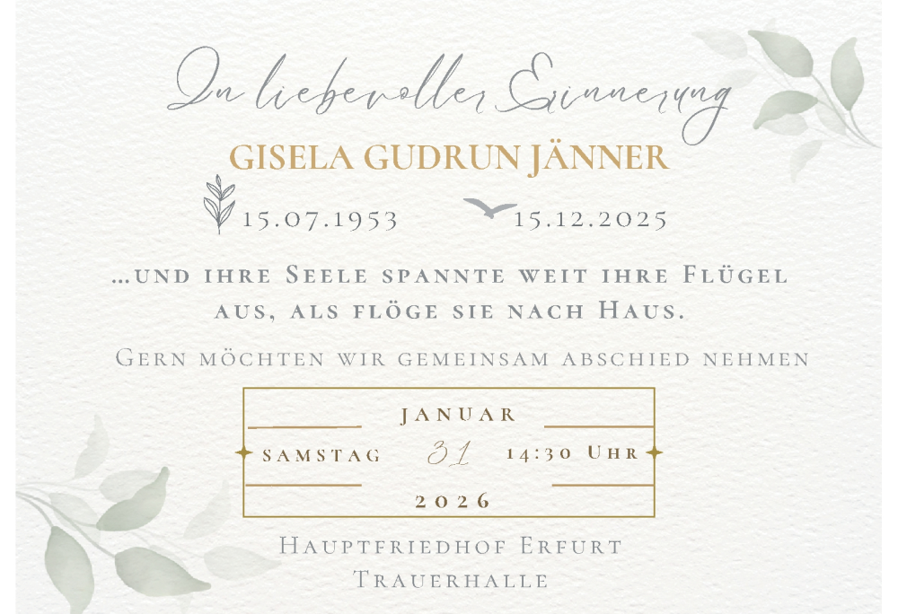  Traueranzeige für Gisela Gudrun Jänner vom 24.01.2026 aus Thüringer Allgemeine, Thüringische Landeszeitung