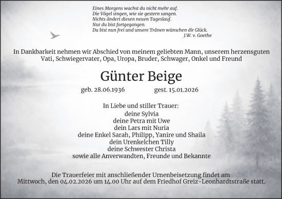 Traueranzeige von Günter Beige von Ostthüringer Zeitung