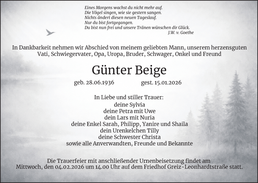  Traueranzeige für Günter Beige vom 23.01.2026 aus Ostthüringer Zeitung