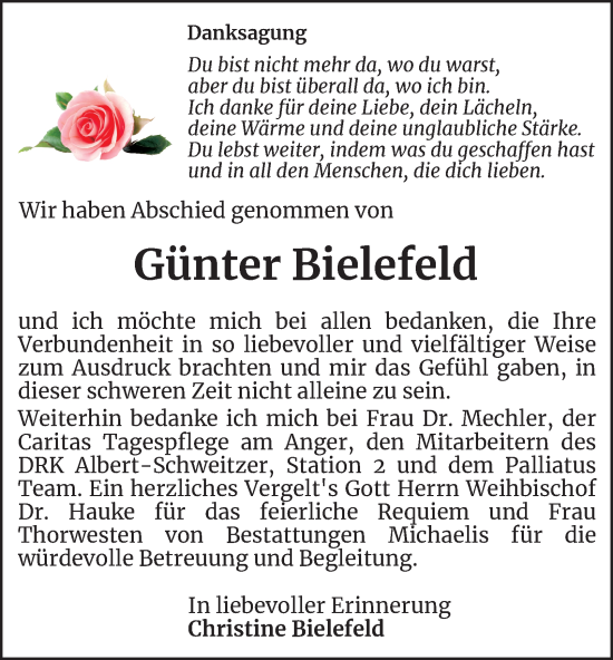 Traueranzeige von Günter Bielefeld von Thüringer Allgemeine, Thüringische Landeszeitung