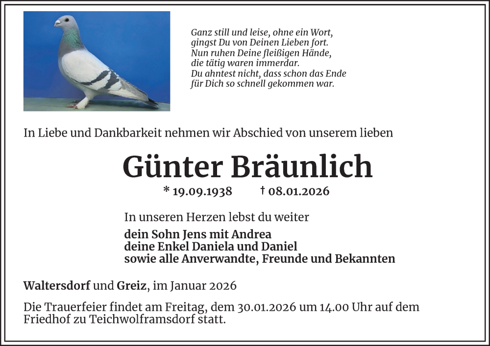  Traueranzeige für Günter Bräunlich vom 16.01.2026 aus Ostthüringer Zeitung