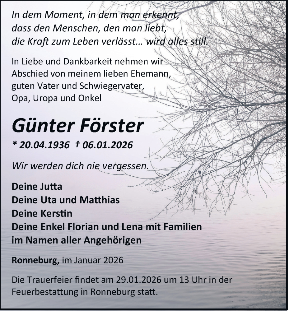  Traueranzeige für Günter Förster vom 17.01.2026 aus Ostthüringer Zeitung
