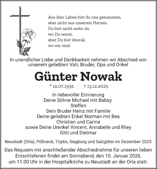 Traueranzeige von Günter Nowak von Ostthüringer Zeitung