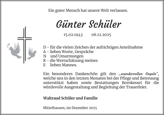 Traueranzeige von Günter Schüler von Thüringer Allgemeine, Thüringische Landeszeitung